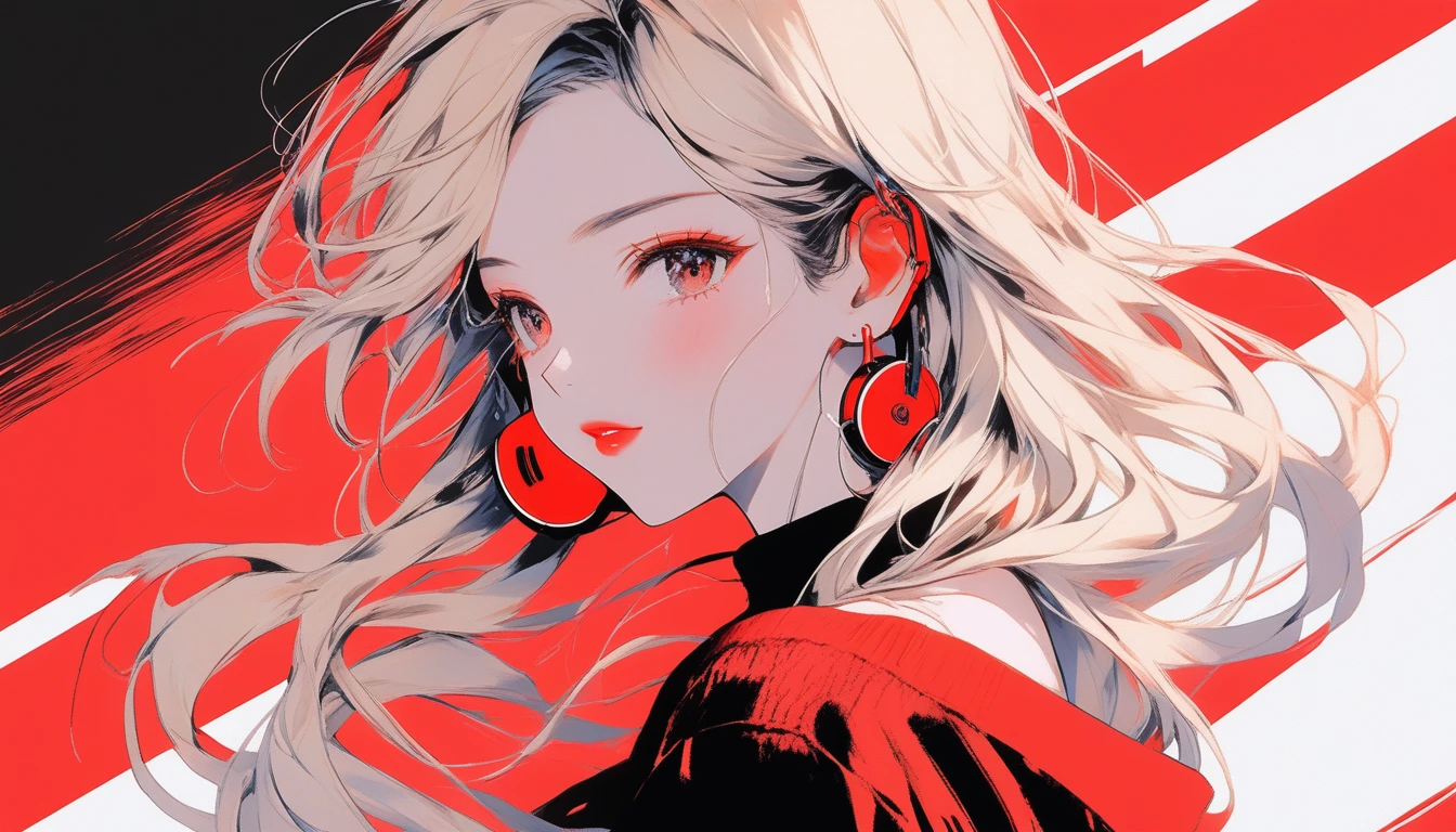 ((masterpiece,Highest quality)), 8k, anime , Realistic ,sketch, anime風のポートレート, 黒猫を連れたanimeの女性, 20-year-old, Red gradient background, Off-the-shoulder knit, Neon long twin tail hair, lip, Big earrings, Wear headphones, Texture Trim, Canadian, Upper Body, (masterpiece,Highest quality), Blonde