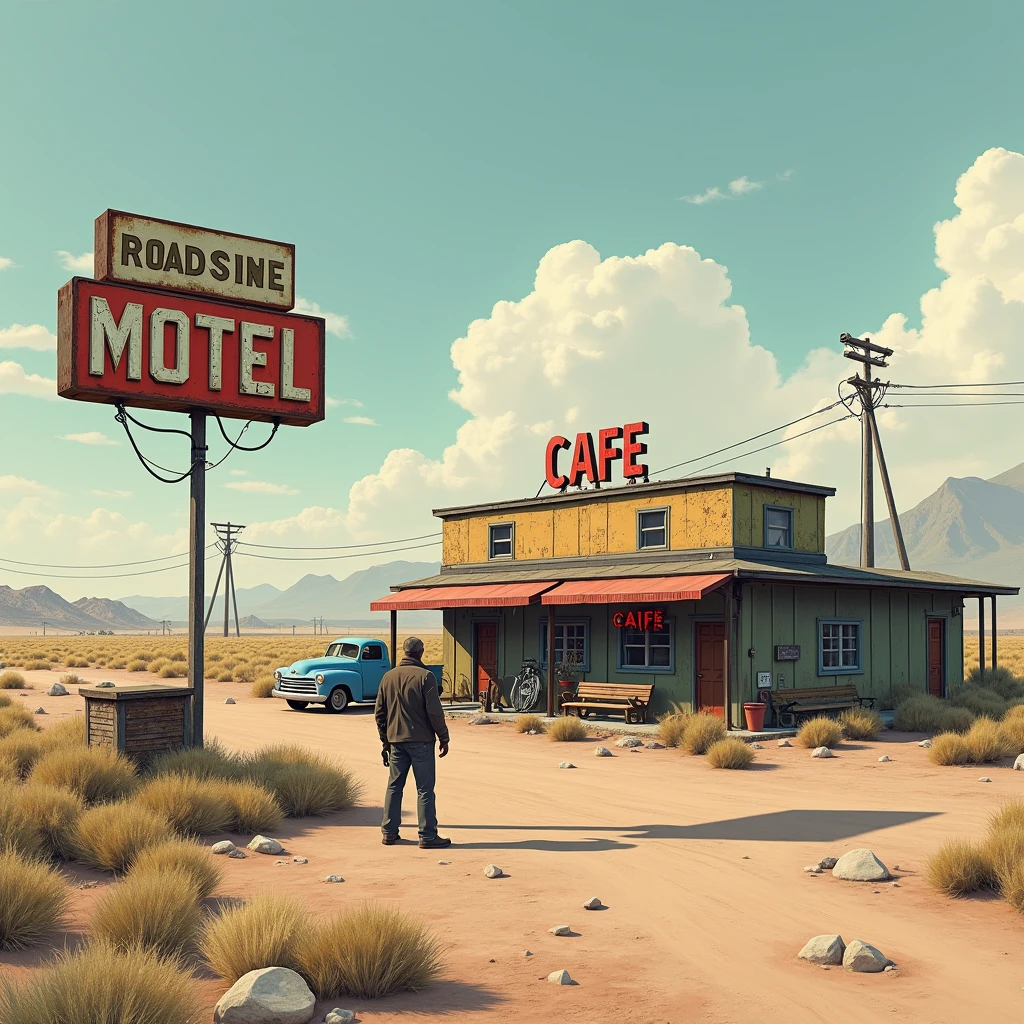 a classic roadside motel and cafe. The setting suggests a desert landscape with town in the distance, a vintage Americana vibe, Zombie post apocalypse, zombie, Realistic photo
