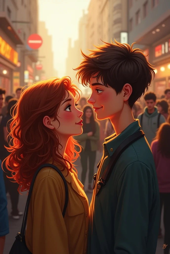 A curly-haired woman looking at her friend from afar with a look of love and the boy looking at her smiling in the middle of the crowd