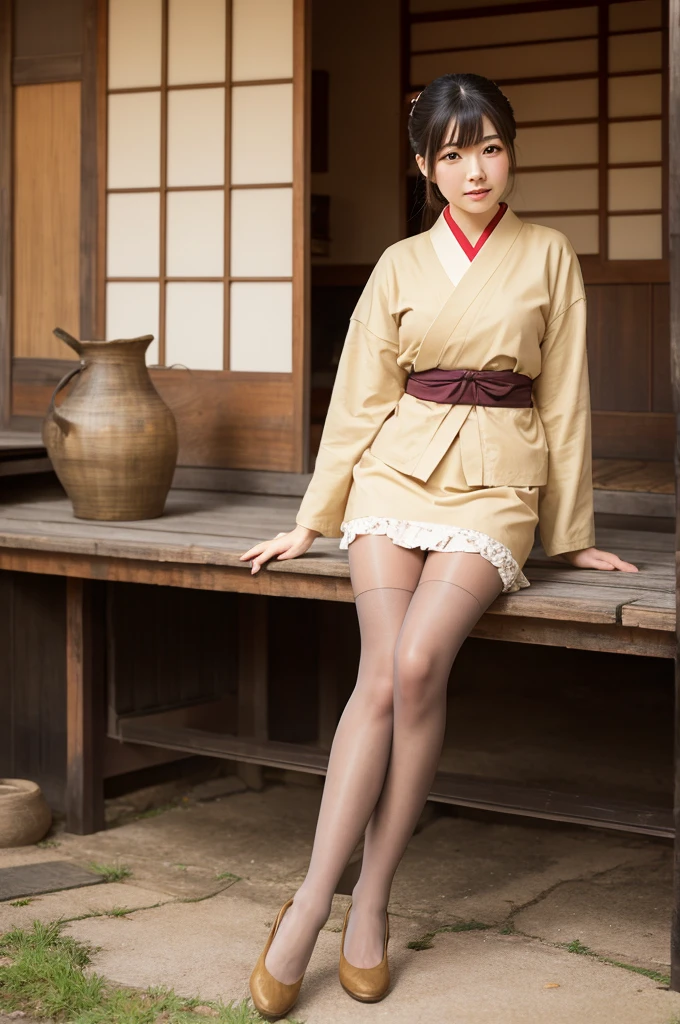 A beautiful half-Japanese woman in Edo-period style beige pantyhose