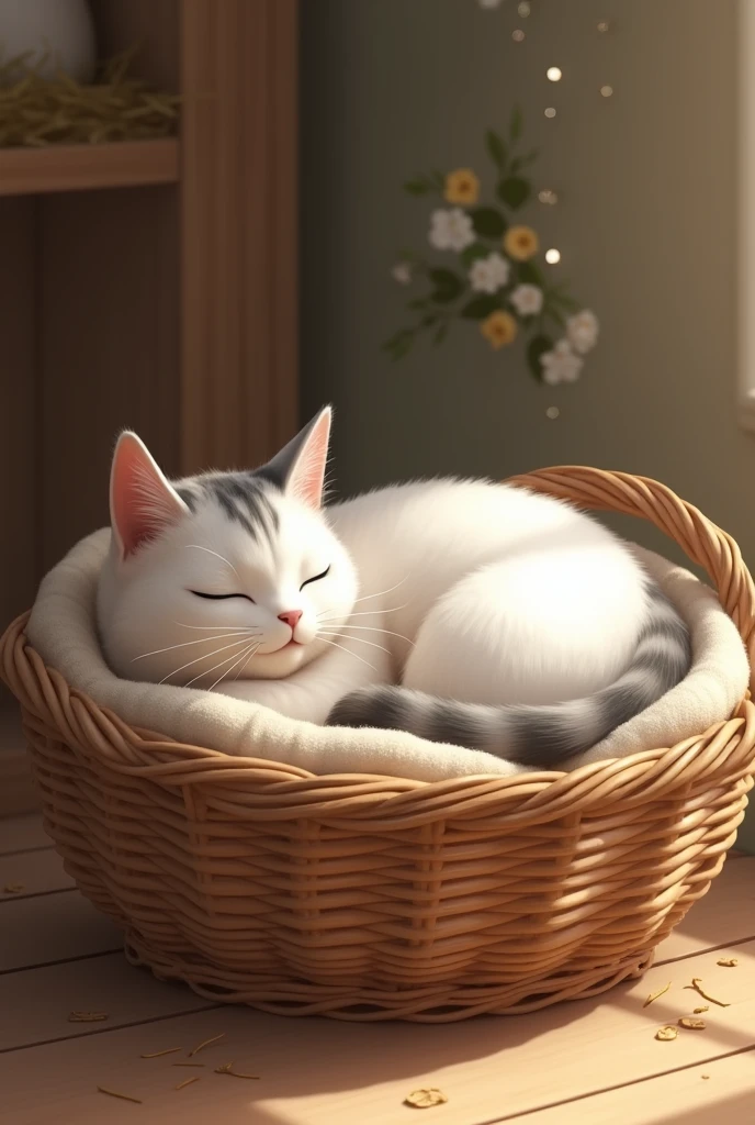 A white tabby cat lying inside a wooden basket