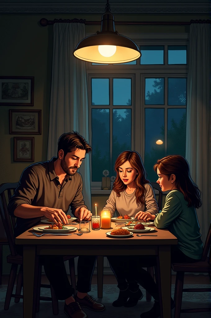 I need an image where the father and mother are having a family dinner with their children in their house, dark comic style 