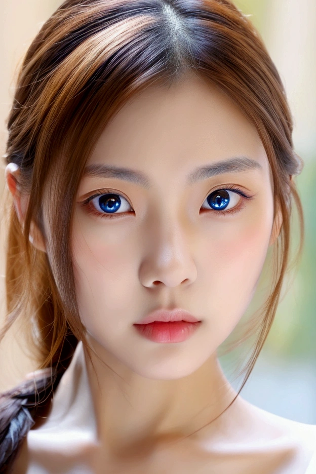asian girl, tan, big lips, blue eyes, ultra realistic, face camera, no makeup