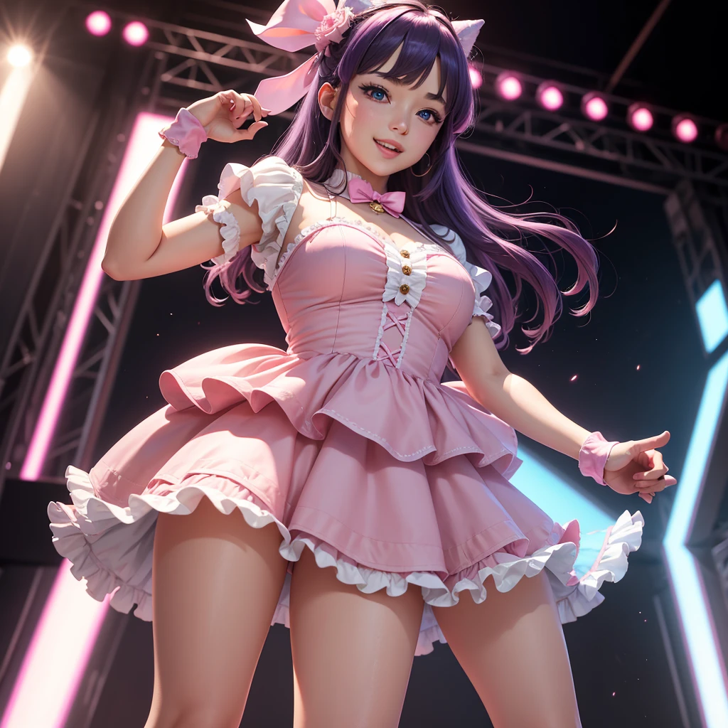(masterpiece, best quality), (absurdres absolutely resolution), (8k), (detailed eyes:1.3), (beautiful eyes:1.3), (detailed illustration), (super fine illustration), (vibrant colors), (professional lighting), 8k raw photo, high res, (nice hands, perfect hands), full body, idol woman singing holding a microphone with a playful expression and big smile, smiley face, open mouth, blinking one eye:1.3, looking at viewer BREAK bright star-shaped reflection in her visible eye:1, idol, hoshino ai, very long hair, bangs, purple eyes, purple hair, streaked hair:0.2, big star-shaped pupils:1.4, medium breasts, shiny white skin, long legs, slim waist, BREAK short pink idol ruffled dress, upper part of the dress features a vibrant pink ruffled blouse adorned with light blue star-shaped accessories:1.6, BREAK layered frilled skirt in pastel pink:1.5, matching hot pink thigh-high boots with a glossy finish:1.3,BREAK fingerless pink gloves adorned with heart and star motifs:1.2, BREAK playful and small one-sided pink ribbon headband, BREAK many blue and pink neon lights from all directions, big stage scenery, warm lighting, dynamic perspective with blue and pink spotlights, huge crowd on the background, BREAK motion blur on the background:0.6, sidelighting, sharp focus, perfect hands, perfect face, perfect eyes,pink gloves, solo, smile, hair, ornament, dress, bangs, mksks,realistic-background