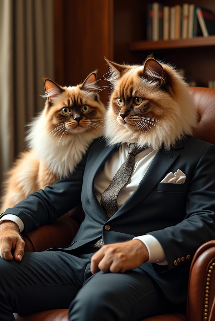Very rich Himalayan cat wearing elegant suit sitting on a luxurious chair in his office and next to him A very sexy female Himalayan cat wearing an evening dress, real, high resolution detail, full picture as real life