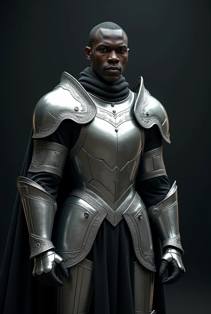 a 3d black african man (final fantasy 3d) wearing a silver knights armor( no gold) against a black background