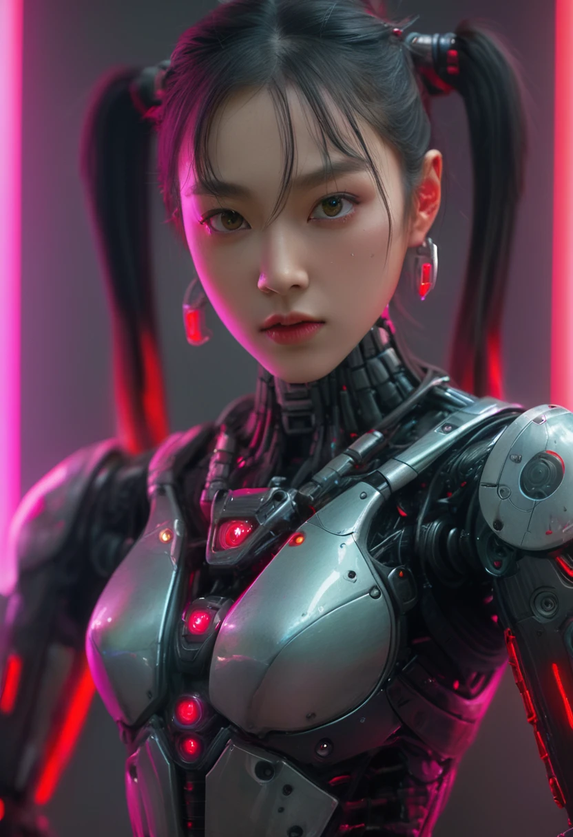 xxmixgirl. Highly detailed professional 35mm film, bokeh, face in sharp focus. A robotic female, Miku, with ((metal skin)), ((perfect Asian eyes)) with magenta irises and ((black pupils)), beautiful serious (detailed face), 18 year old ((photorealistic face)), very long magenta twin tails of magenta hair, twin black hair ties with a single red stripe. She may have a black audio headpiece. We can see her ((full body)) down to her boot soles. Her outfit is a sleeveless collared light grey shirt, outlined in red around the frilled collar and hems. Shiny reflective ((metallic breast cups, dimpleless)), invisible nipples. She wears black sleeves with red hems that start around her upper arm and bellow out as the sleeves open and extend to her wrists, with wide trumpet red rimmed cuffs. She has perfect robotic (detailed hands). She wears a red colored tie with two horizontal solid parallel black lines halfway across. She wears a fabric black skirt with a horizontal red hem at the bottom all the way around; her (((black skirt wraps around her))) and ((her skirt completely covers)) her robotic waist and thighs. Tall black boots with red bottom soles, a red rim around the top at her thighs. Her mechanical shoulder joints are visible. We can see her robotic legs and robotic neck. Half of her is covered with shiny polished machinery. The background is a distant dark neon futuristic Japanese city, gold, cyan, violet neon, near harbor or mountains.