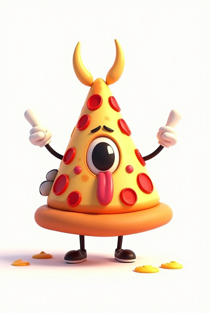 **Slice of CARTOON STYLE animated pizza that looks pretty and has a very serene appearance, WITHOUT A MOUTH OR SMILE, just one eye in the center of an inverted triangle with the main vertex pointing up, sticking out a long tongue similar to the Jin Simmons design, NOT CREEPY OR TERRIFYING, with melted cheese. The triangular slice resembles the Illuminati symbol, and in one hand, it is clearly making the rock horns gesture.** It looks like a cartoon, with amazing 4k quality colors, a white background, and well-cast shadows where they need to be. Let it be a pepperoni pizza that is standing, with melted cheese.
