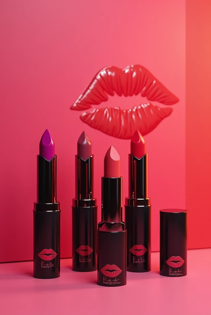 Lipsticks that have a kiss logo written in the color of the lipstick and the brand "BEA lips" written on the base of the lipstick for advertising but the background is the color of the lipsticks (only lipsticks less people)