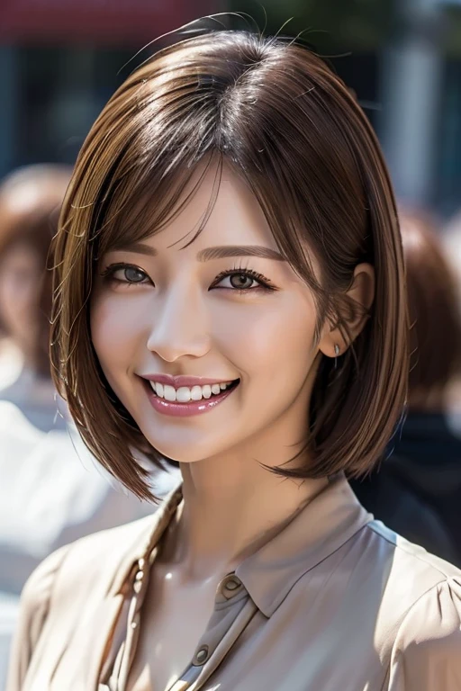 ((masterpiece)), ((Highest quality)), ((Complex)), ((Surreal)), (Realistic), (Mature Woman), ((There are no classes)), Very detailed, (1 female), Beautiful and exquisite, (Beautiful Teeth), Grin, Brunette bob hair, Brown eyes, ((blouse)), (Upper Body), (background:none), Perfect Eyes, Captivating eyes, Looking at the audience