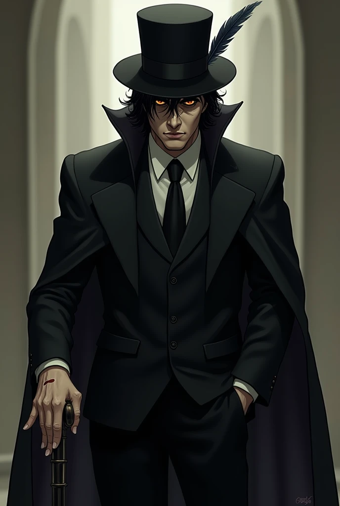 Dark brown eyed villain, medium cut black hair, light skin tone, with a challenging look, dress in frac, with a hat that has a feather and a scar on his hand and part of his arm, with a cane and a cape.