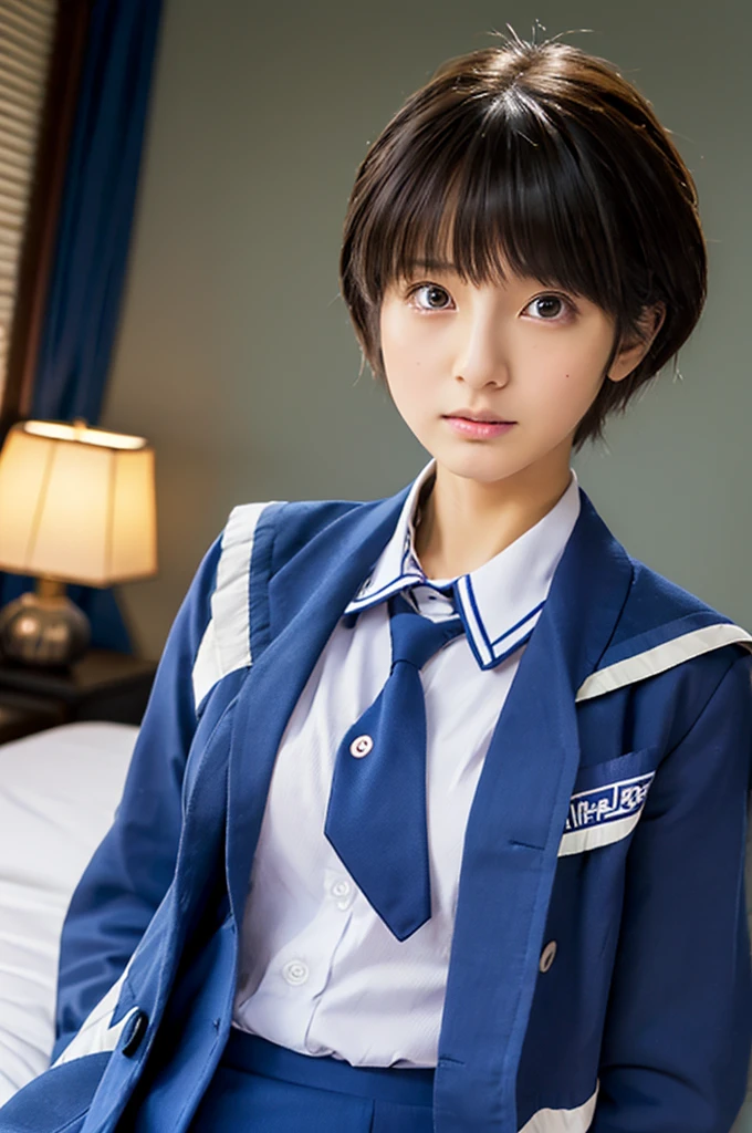 ((Highest quality, masterpiece :1.3)), Realistic、Ultra-high resolution、Natural skin texture、Hyperrealism、Nearby Movies、Beautiful Japan schoolgirl、Angry expression、Stylish bedroom、Small breasts、Underdeveloped flat chest、Flat chest、Pixie Haircut、Dark blue blazer school uniform、Full body angle