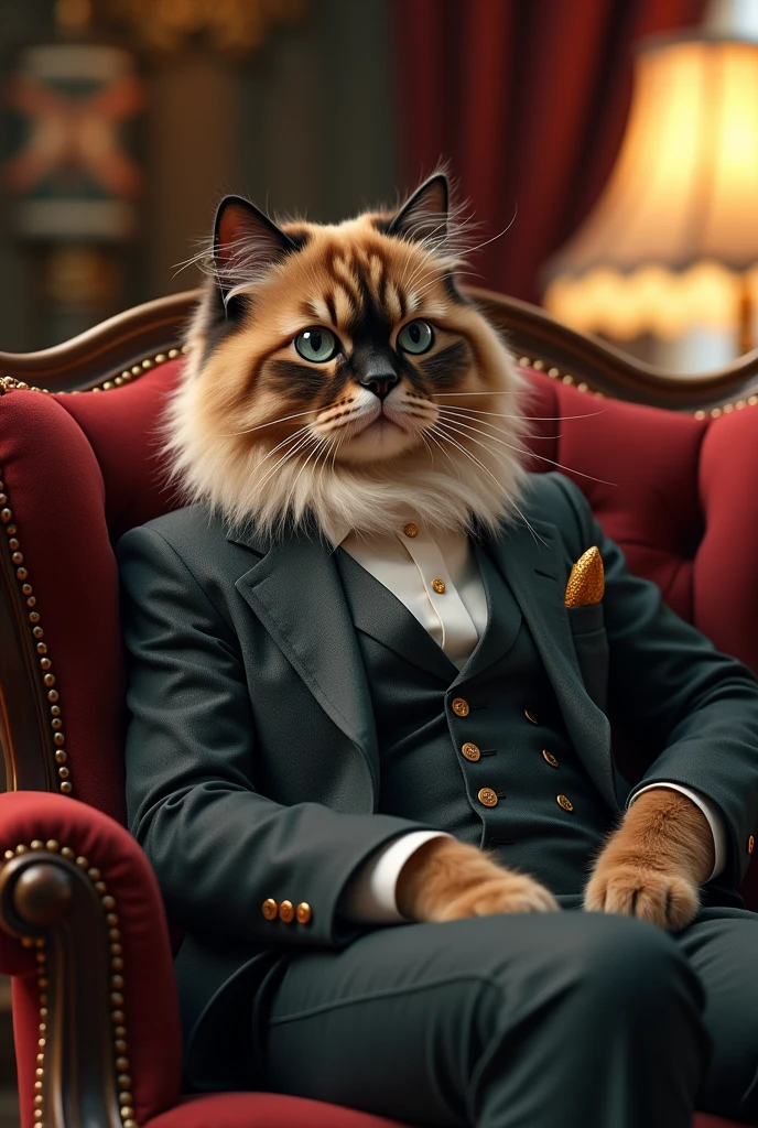 Very rich Himalayan cat wearing elegant suit sitting on a luxurious chair in his office and next to him A very sexy female Himalayan cat wearing an evening dress, real, high resolution detail, full picture as real life