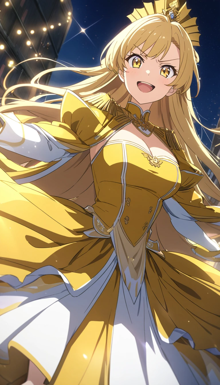 , Flowing golden blonde hair, Yellow Eyes, Golden Imperial Costume, Neckline, anime, In the background is a clear sky with sparkling lights, Dynamic Angle, Arrogant Laugh