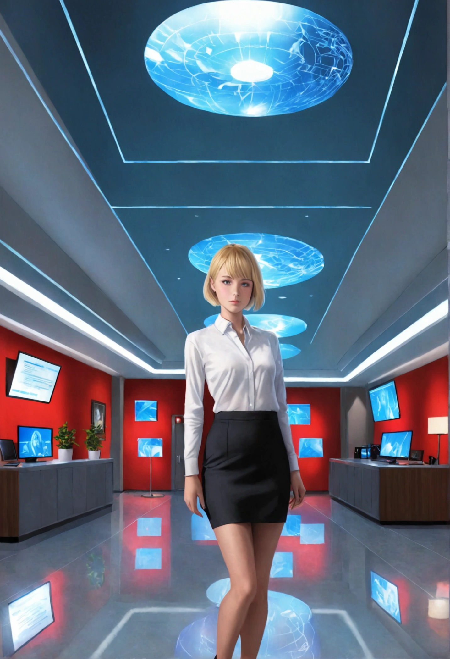 (photorealism:1.2), beautiful woman, blonde, assistant, pencil skirt, 18yo, corporate lobby, white floor and ceiling, blue lighting, hologram, projection, floating above ground, looking at camera, short hair, red lights around ceiling 