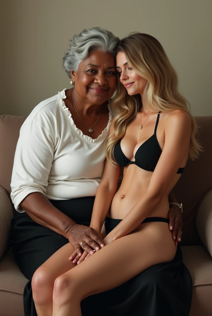 Create a photo of a 30 year old young woman, with long light brown hair with strands of hair on the face, slender and beautiful body, wearing a white thong, no bra with bare breasts, with white and fair skin with her body lying with her back to the camera on the lap of an elderly black lady, dark-skinned, obese, ugly, low, with short hair who is wearing a blue dress and glasses