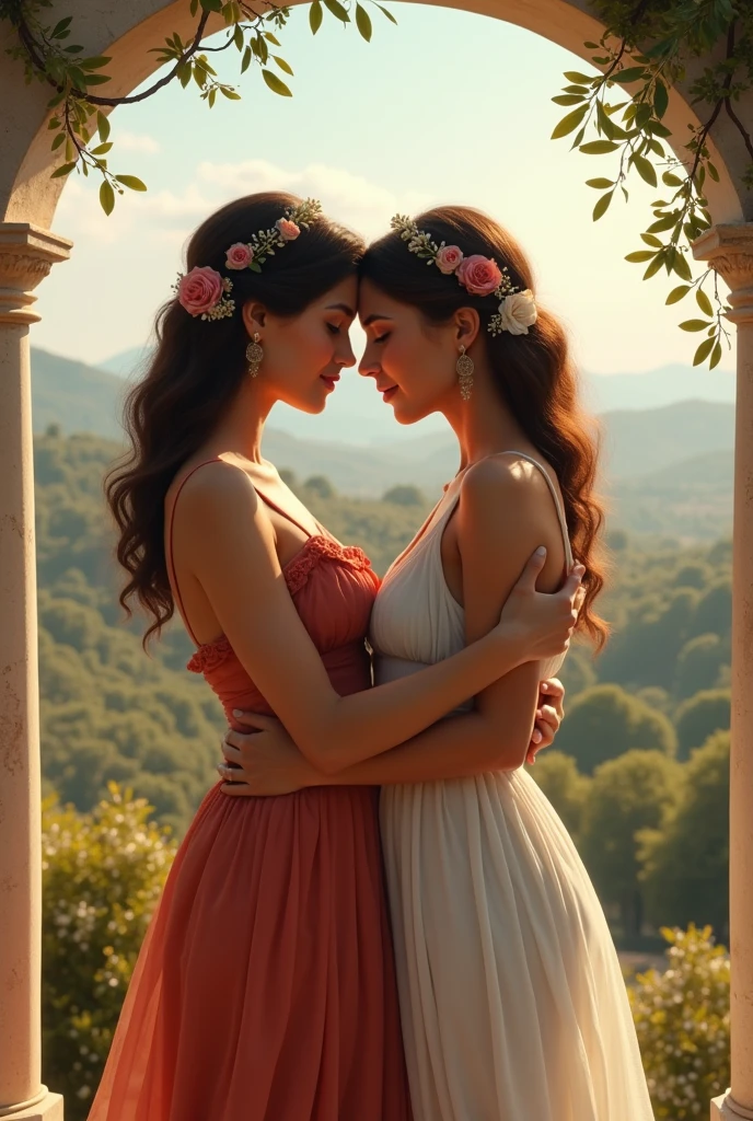 romance novel cover, two women in a passionate embrace in Ancient Greece