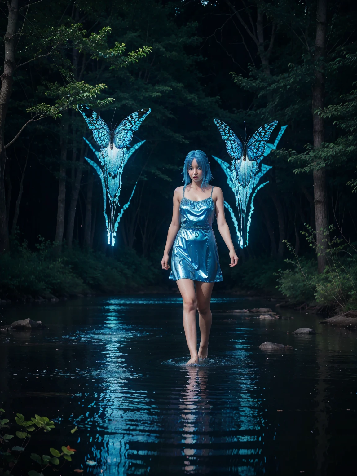 Girl 1, Shiny blue hair, Walking in water, Lifting dress, Magic forest, Magic lake, Butterflies, At night, Best quality, Highly detailed, Ultra HD, Detailed wallpapers