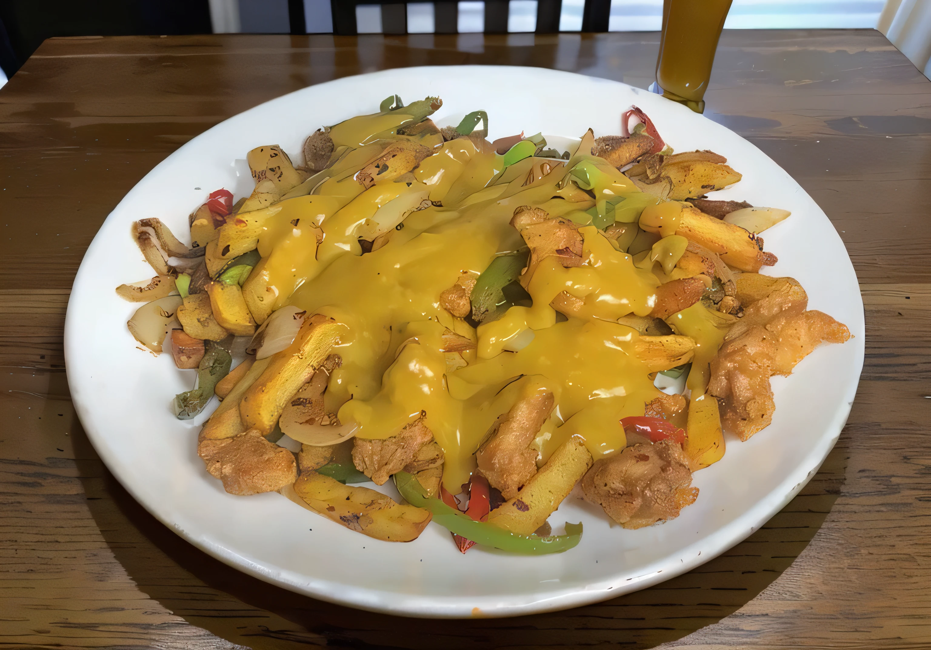 araffe fries with cheese sauce and peppers on a white plate, with fries, ❤🔥🍄🌪, taken in the early 2020s, inspired by Pia Fries, yummy, chicken, cheesy, on a plate in a busy diner, nachos, cooked, taken on iphone 14 pro, served with pasta, french fries on the side