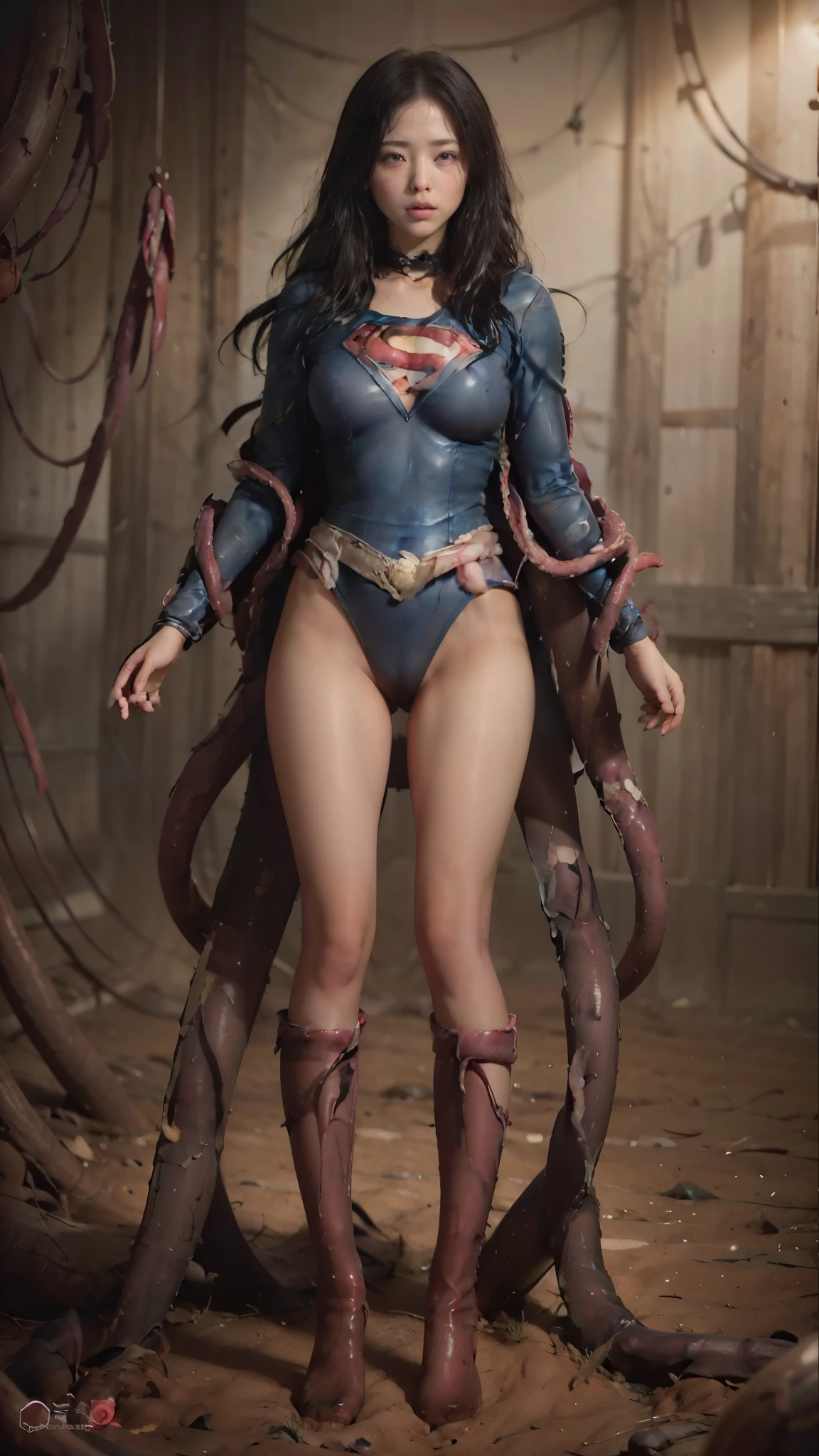 No background、I close my eyes and suffer、Supergirl is attacked by tentacles、Tentacle nest、Many tentacles pierce the crotch、Be sure to wear red boots(((Thick tentacles are digging into my crotch)))、(thick tentacles wrap around the neck:1.3)、Arm gets swallowed by tentacle、(The tentacles swallowed both of her legs.、Spread it wide.:1.9)、Crying Supergirl、Eyes closed、(Insert the tentacles:1.6)、(((Beautiful legs in black tights.)))、(((Legally express your suffering beauty)))、((((Make the most of your original images)))、(((Supergirl Costume)))、(((Beautiful Hair)))、(((suffering)))、(((Please wear black tights....、Be sure to wear red boots)))、((Best image quality、8k))、((Highest quality、8k、masterpiece:1.3))、(((Preserve background )))、Sharp focus:1.2、Beautiful woman with perfect figure:1.4、Slim Abs:1.2、Wet body:1.5、Highly detailed face and skin texture、8k