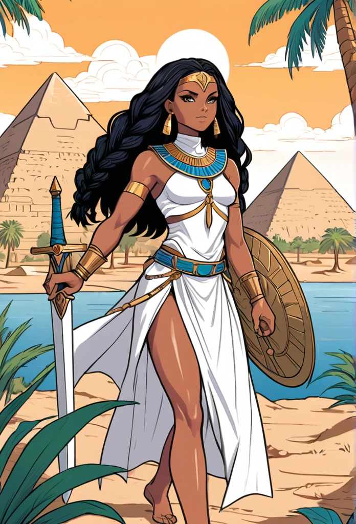 Vector Art, Flattening, smooth line art, Minimalism, graphic design aesthetics, flat illustration, (masterpiece, best quality, perfect composition, very aesthetic, absurdres, ultra-detailed, intricate details, Professional, official art, line art black and white outline of a christian warrior with nubian features, resembling janet jackson long flowing braided hair, easy to color design, up close, combat ready, sword and shield in hand, Background realistic and minimalistic Egyptian landscape, simple trees and pyramids, clear sky with clouds, nile crocodiles in the background, for a coloring page, warrior strength and connection to the land with different poses, very realistic, wakanda, coloring book page