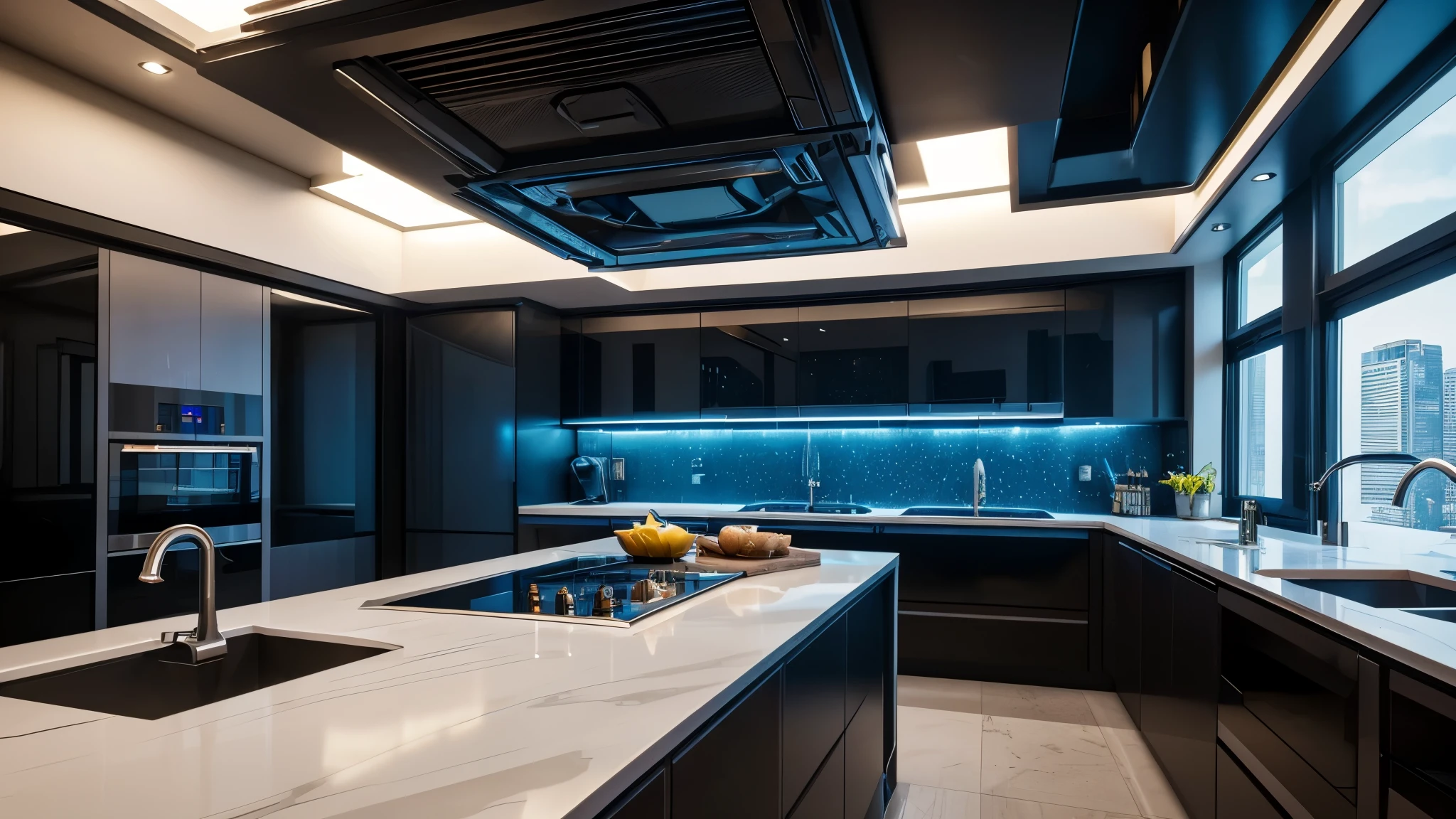 scifi, architectual, cyberpunk, futuristic, luxury kitchen, hightech, hard-surface design, daylight, much tech, much electronic, much space, very cozy, ambient light, realistic view, wide angle, year 2124