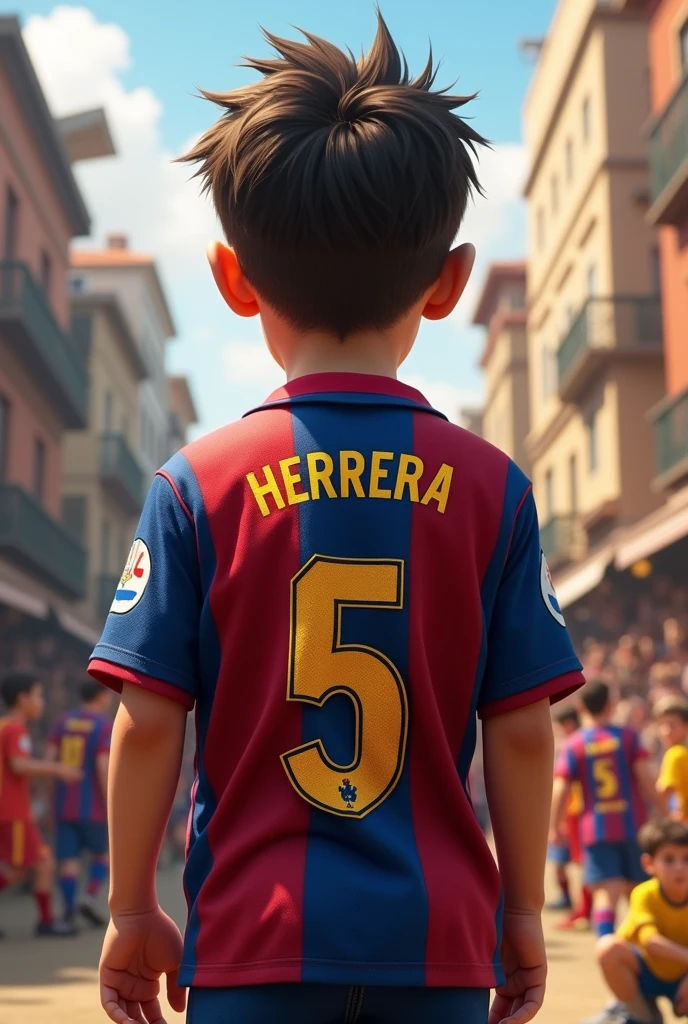 A boy wearing a FC Barcelona shirt with S written on the back.Herrera says back s.Herrera