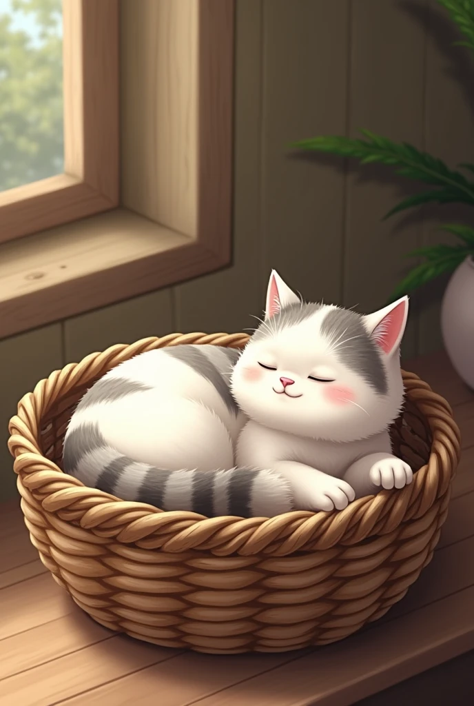 A white tabby cat lying inside a wooden basket