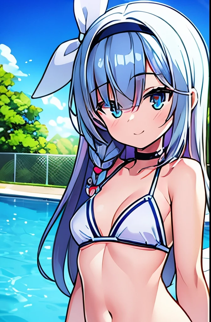 ((masterpiece)), ((best quality)), (ultra-detailed), pool, a cute girl, 1girl, solo, bikini, ((beautiful eyes)), smile