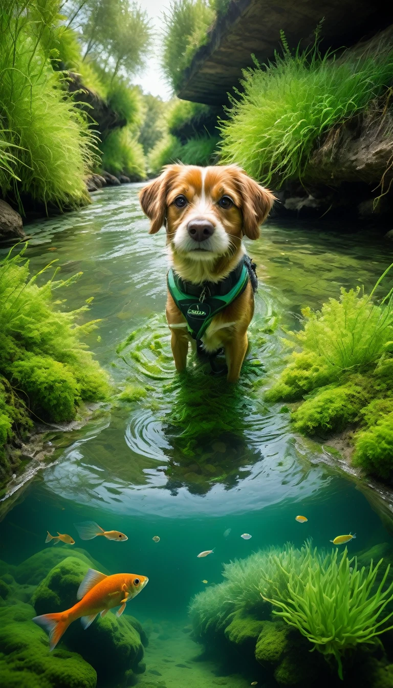 ultra wide angle photo, under the river with algae and plants, a fish with a dog face near the camera