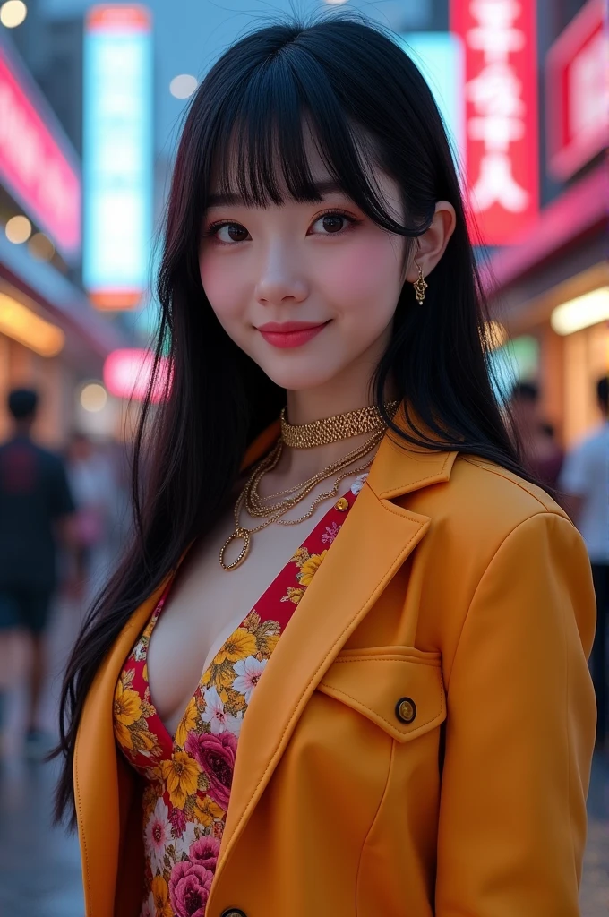 Create a scene featuring a 19-year-old Korean woman with a youthful appearance. She has straight black hair that reaches her shoulders, with a blunt fringe that covers her forehead. Her skin is fair, and she has a softly rounded face with delicate features. Her eyes are large and dark, with thin, well-defined eyebrows, and she has a gentle smile on her lips. She is dressed like a popstar, wearing stylish and glamorous clothing that highlights her vibrant and energetic personality.