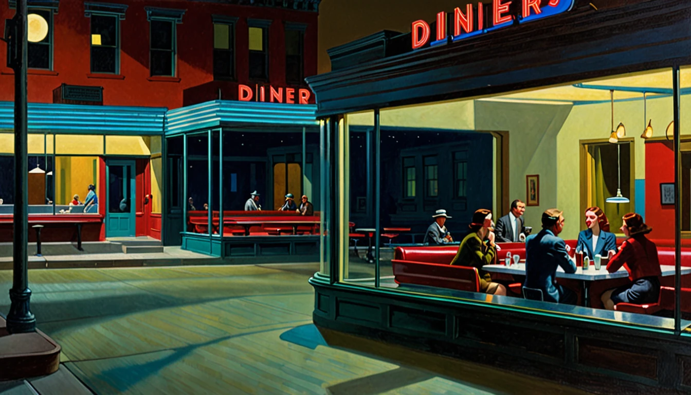 [Verse 1]
In a diner's glow, beneath the moon's gaze,
"Nighthawks" by Hopper, a timeless maze.
Silent figures in the neon light,
A scene of solitude in the city's night.

[Chorus]
"Nighthawks" by Hopper, a painting so bold,
In shadows and stillness, the story is told.
From empty streets to the diner's embrace,
In Edward's masterpiece, a captivating space.

[Verse 2]
The bartender's quiet, the patrons deep,
In Hopper's brushstrokes, the city's sleep.
A woman in red, lost in thought,
In the midnight hour, a moment caught.

[Chorus]
"Nighthawks" by Hopper, a painting so bold,
In shadows and stillness, the story is told.
From empty streets to the diner's embrace,
In Edward's masterpiece, a captivating space.

[Bridge]
A slice of life in a world at rest,
In Hopper's vision, the night's behest.
Reflections in glass, a mood profound,
In "Nighthawks," silence resound.

[Verse 3]
The streets are empty, the night is long,
In Hopper's painting, a melancholy song.
A city's pulse in the diner's glow,
In "Nighthawks," emotions flow.

[Chorus]
"Nighthawks" by Hopper, a painting so bold,
In shadows and stillness, the story is told.
From empty streets to the diner's embrace,
In Edward's masterpiece, a captivating space.

[Verse 4]
The night unfurls in shades of blue,
In Hopper's world, a dream anew.
Each figure frozen in their plight,
In the diner's glow, the city's night.

[Chorus]
"Nighthawks" by Hopper, a painting so bold,
In shadows and stillness, the story is told.
From empty streets to the diner's embrace,
In Edward's masterpiece, a captivating space.

[Verse 5]
A moment captured, a timeless scene,
In "Nighthawks," a world unseen.
The artist's eye, a nocturnal trance,
In Hopper's brush, the night's romance.

[Chorus]
"Nighthawks" by Hopper, a painting so bold,
In shadows and stillness, the story is told.
From empty streets to the diner's embrace,
In Edward's masterpiece, a captivating space.

[Instrumental Fade out]

[End],photo, illustration, cinematic, 3d render