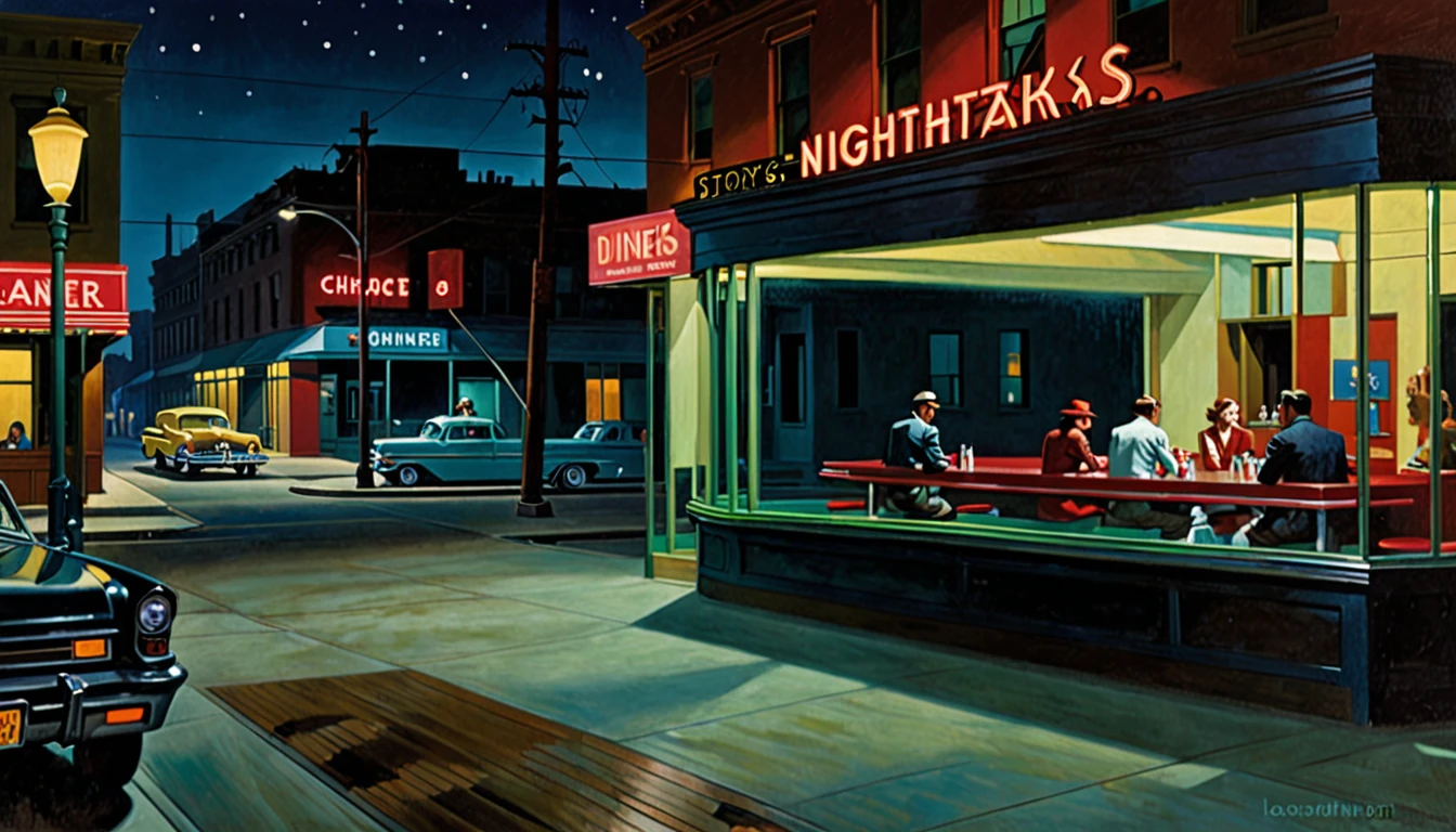 [Verse 1]
In a diner's glow, beneath the moon's gaze,
"Nighthawks" by Hopper, a timeless maze.
Silent figures in the neon light,
A scene of solitude in the city's night.

[Chorus]
"Nighthawks" by Hopper, a painting so bold,
In shadows and stillness, the story is told.
From empty streets to the diner's embrace,
In Edward's masterpiece, a captivating space.

[Verse 2]
The bartender's quiet, the patrons deep,
In Hopper's brushstrokes, the city's sleep.
A woman in red, lost in thought,
In the midnight hour, a moment caught.

[Chorus]
"Nighthawks" by Hopper, a painting so bold,
In shadows and stillness, the story is told.
From empty streets to the diner's embrace,
In Edward's masterpiece, a captivating space.

[Bridge]
A slice of life in a world at rest,
In Hopper's vision, the night's behest.
Reflections in glass, a mood profound,
In "Nighthawks," silence resound.

[Verse 3]
The streets are empty, the night is long,
In Hopper's painting, a melancholy song.
A city's pulse in the diner's glow,
In "Nighthawks," emotions flow.

[Chorus]
"Nighthawks" by Hopper, a painting so bold,
In shadows and stillness, the story is told.
From empty streets to the diner's embrace,
In Edward's masterpiece, a captivating space.

[Verse 4]
The night unfurls in shades of blue,
In Hopper's world, a dream anew.
Each figure frozen in their plight,
In the diner's glow, the city's night.

[Chorus]
"Nighthawks" by Hopper, a painting so bold,
In shadows and stillness, the story is told.
From empty streets to the diner's embrace,
In Edward's masterpiece, a captivating space.

[Verse 5]
A moment captured, a timeless scene,
In "Nighthawks," a world unseen.
The artist's eye, a nocturnal trance,
In Hopper's brush, the night's romance.

[Chorus]
"Nighthawks" by Hopper, a painting so bold,
In shadows and stillness, the story is told.
From empty streets to the diner's embrace,
In Edward's masterpiece, a captivating space.

[Instrumental Fade out]

[End],photo, illustration, cinematic, 3d render