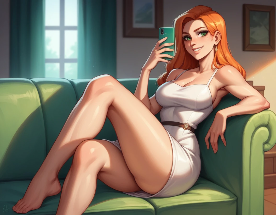 raw, analog style, a sincere, beautiful woman, (smiling), green eyes, Long Orange Hair, with a tight sexy white dress, Shiny fabric giving the effect of leather quite short and revealing, in the living room of a house, sitting on a sofa with legs crossed, with a cell phone in her hand talking to her lover while passing her hand between her legs, Soft lighting, evening