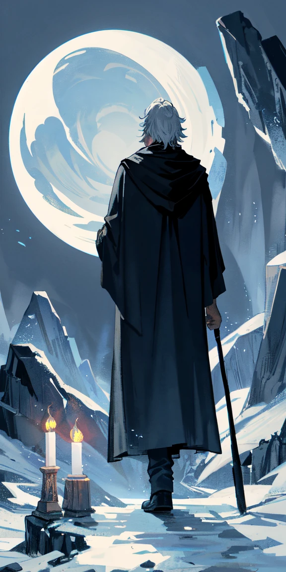 （（tmasterpiece：1.2，best qualtiy），tarot cards：1.3，Tarot card of a hermit

Against a dim blue-gray background, an old man walks quietly alone along a cliff path by the light of a lamp. He is dressed in a gray cloak that seems to blend in with the world around him, and holds only a walking stick and a lamp in his hand. The absence of any ornate decorations or possessions indicates that he is the opposite of worldly and materialistic values.

There are no plants or animals depicted in the area, just a quiet, serene atmosphere.
The light of the old man's lamp symbolizes wisdom and inspiration. He is looking down from the top of the iceberg with his back arched, shining his lamp from on high to guide those who are lost and seeking salvation.

The old man stands atop the iceberg.

Translated with DeepL.com (free version)