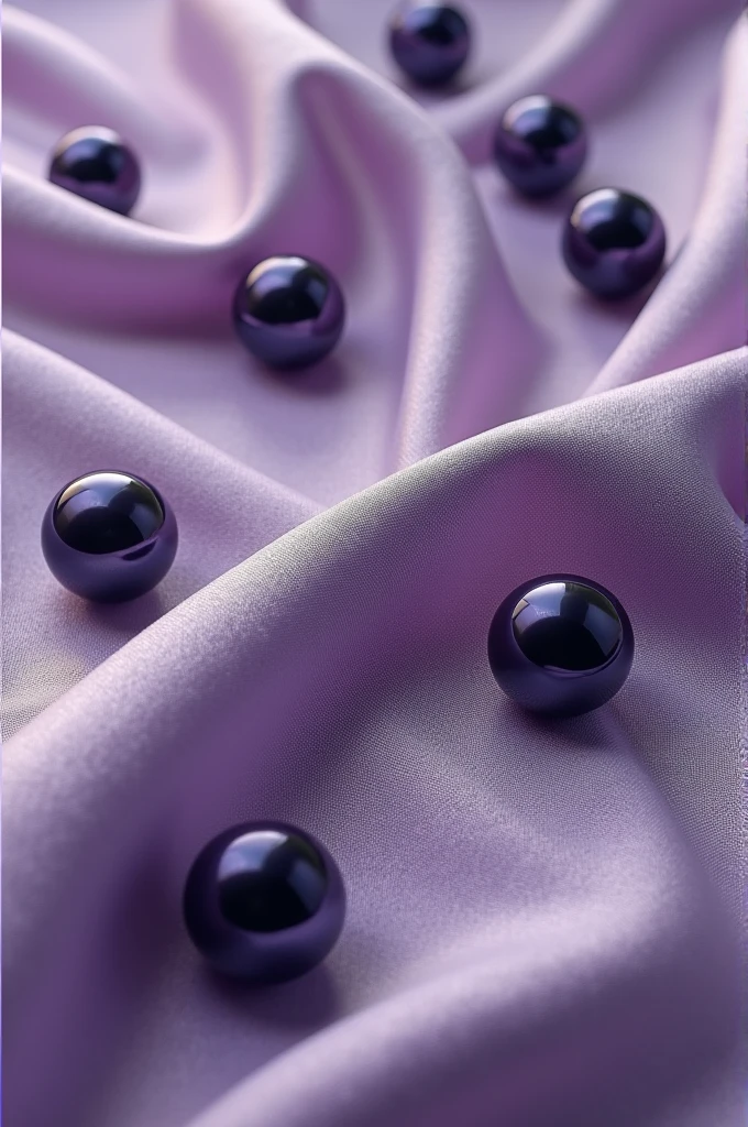 A shiny fabric in purple and white and faint black and on it dark pearls
