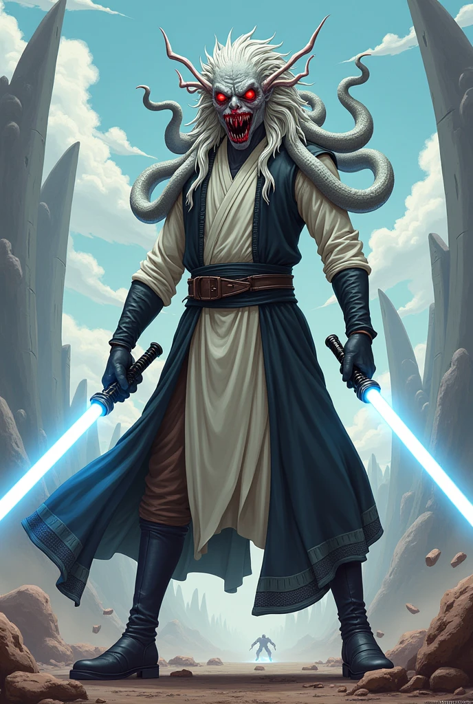A Jedi, he has gray skin, hair made of white snakes, and red eyes. His eyes are black with red, releasing a slime. He is 2 meters 70 cm tall. He has sharp fangs in his mouth. He is wearing a long white shirt with a black scale vest. He is wearing a belt, brown pants, boots, and black latex gloves. He has gloves on all four hands because he has four arms. Two of his arms, one on each side, are holding white lightsabers. The place he is in is a battlefield on another planet. The image must be in anime.
