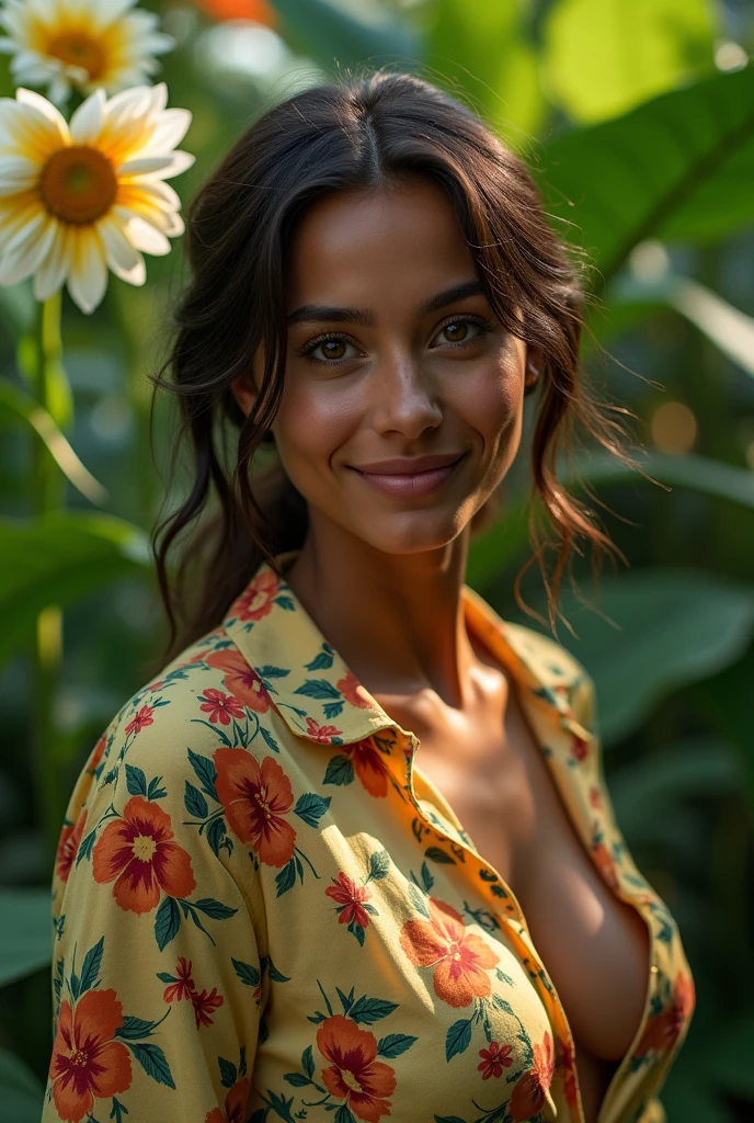 A Brazilian woman in a lush tropical garden, wearing an open shirt with a floral print, with a close-up capturing the harmonious beauty between her breasts and the natural flowers, showing off your natural charm and outgoing personality.