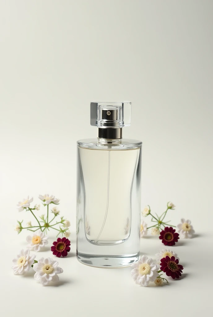 Perfume bottle with clear liquid inside, transparent lid, minimalistic. simple light background, with small white flowers and others of wine color