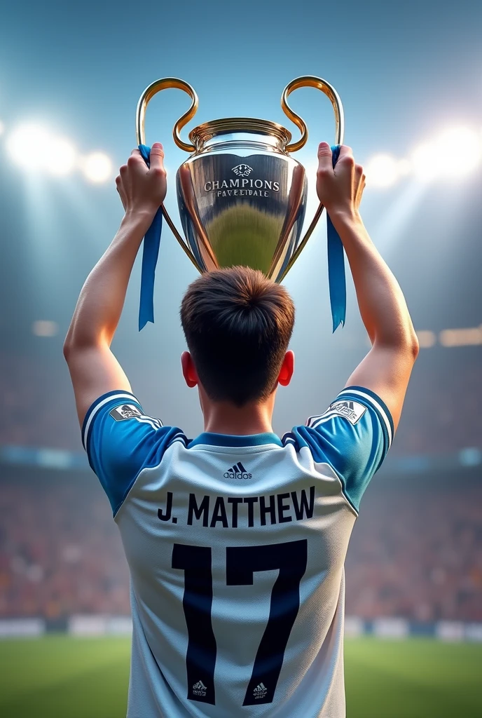 A young man holding up the Champions League trophy with a Madrid shirt, and with the number 17 and the name J.Matthew