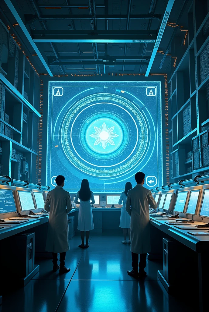 A technological room with some scientists and a screen with images of binary codes mixed with hieroglyphics