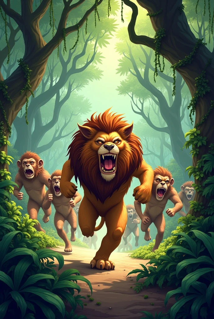 An anthropomorphic lion, with a lush mane and a panicked expression, runs on two legs through the jungle. He is being chased by a group of enraged monkeys, covered in pustules, who are yelling and gesturing threateningly. The background is an exuberant tropical jungle, with hanging vines and giant trees. Cartoon style, vibrant colors, dramatic lighting.