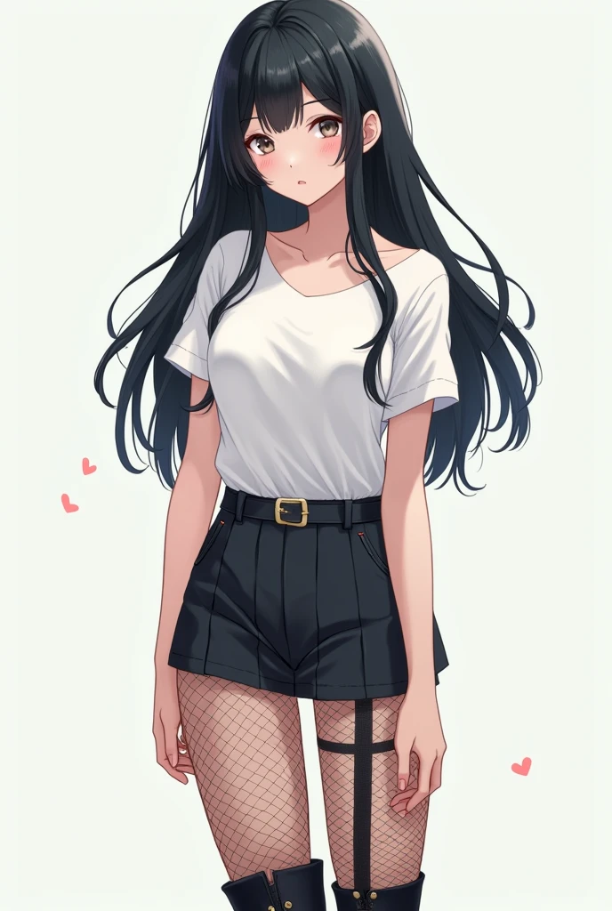 anime girl, white blank t-shirt, skirt, fishnets, boots and black long hair