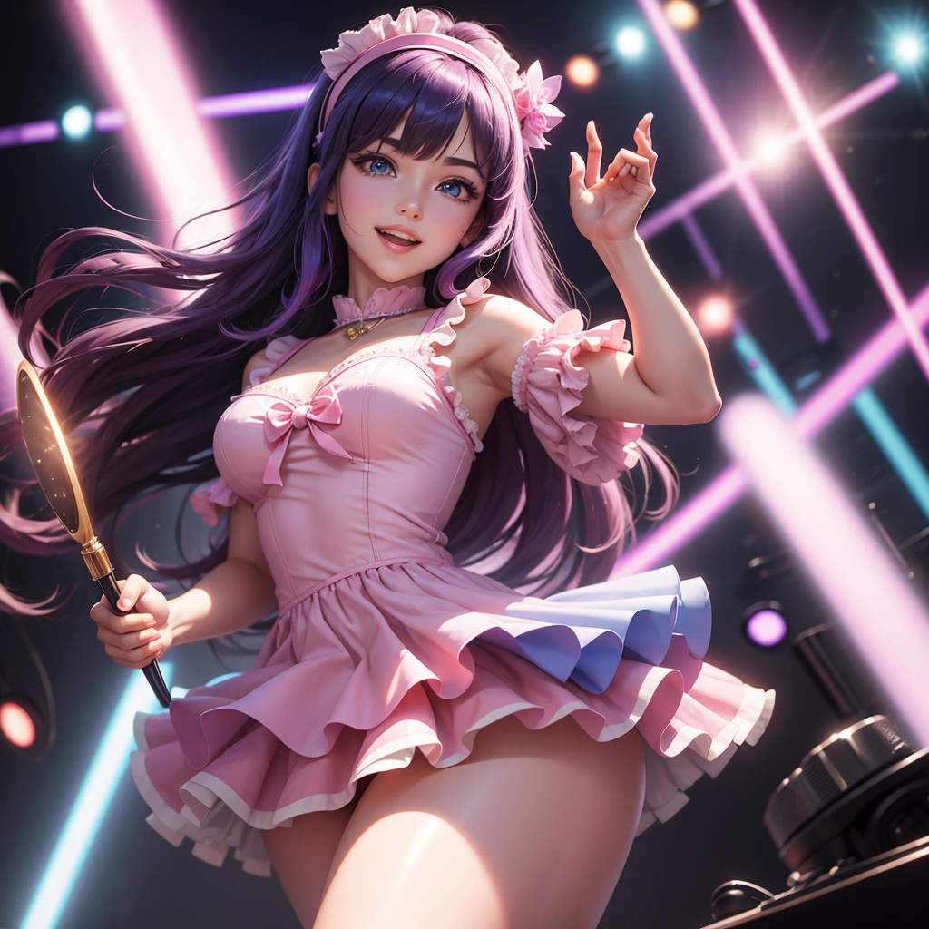 (masterpiece, best quality), (absurdres absolutely resolution), (8k), (detailed eyes:1.3), (beautiful eyes:1.3), (detailed illustration), (super fine illustration), (vibrant colors), (professional lighting), 8k raw photo, high res, (nice hands, perfect hands), full body, idol woman singing holding a microphone with a playful expression and big smile, smiley face, open mouth, blinking one eye:1.3, looking at viewer BREAK bright star-shaped reflection in her visible eye:1, idol, hoshino ai, very long hair, bangs, purple eyes, purple hair, streaked hair:0.2, big star-shaped pupils:1.4, medium breasts, shiny white skin, long legs, slim waist, BREAK short pink idol ruffled dress, upper part of the dress features a vibrant pink ruffled blouse adorned with light blue star-shaped accessories:1.6, BREAK layered frilled skirt in pastel pink:1.5, matching hot pink thigh-high boots with a glossy finish:1.3,BREAK fingerless pink gloves adorned with heart and star motifs:1.2, BREAK playful and small one-sided pink ribbon headband, BREAK many blue and pink neon lights from all directions, big stage scenery, warm lighting, dynamic perspective with blue and pink spotlights, huge crowd on the background, BREAK motion blur on the background:0.6, sidelighting, sharp focus, perfect hands, perfect face, perfect eyes,pink gloves, solo, smile, hair, ornament, dress, bangs, mksks,realistic-background
