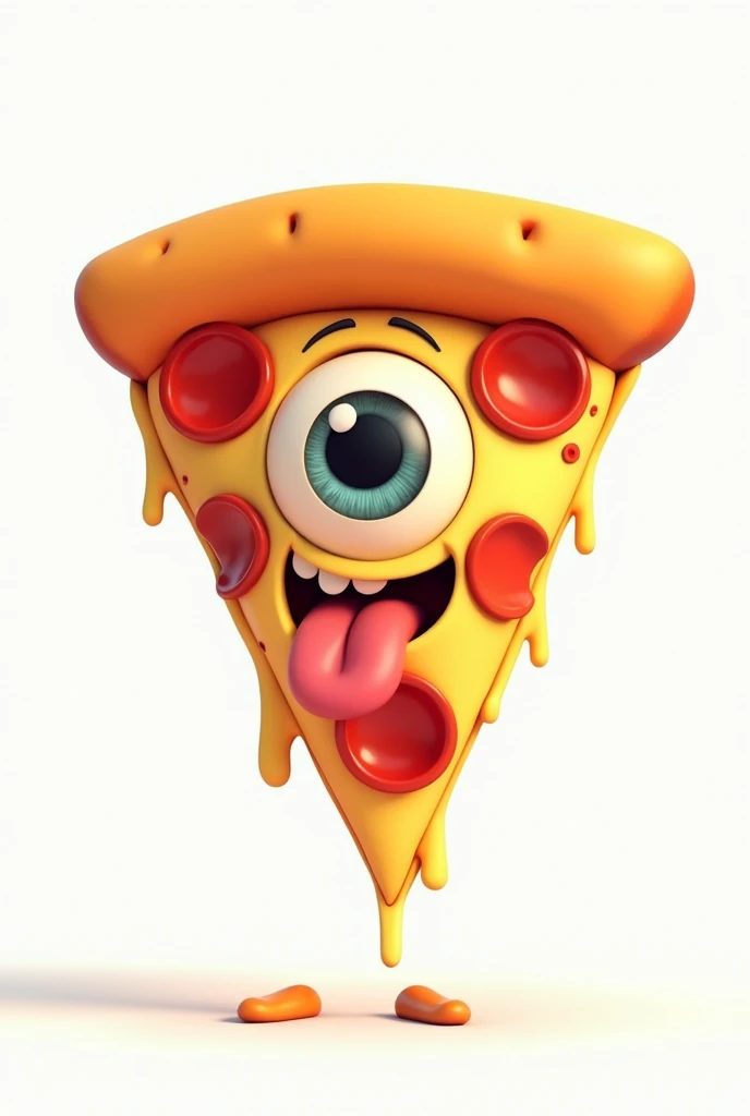 **Slice of CARTOON STYLE animated pizza that looks pretty and has a very serene appearance, WITHOUT A MOUTH OR SMILE, just one eye in the center of an inverted triangle with the main vertex pointing up, sticking out a long tongue in a rock style similar to the Rolling Stones logo, NOT CREEPY OR TERRIFYING, with melted cheese. The triangular slice resembles the Illuminati symbol, and in one hand, it is clearly making the "rock horns" or "maloik" gesture.** It looks like a cartoon, with amazing 4k quality colors, a white background, and well-cast shadows where they need to be. Let it be a pepperoni pizza that is standing, with melted cheese.