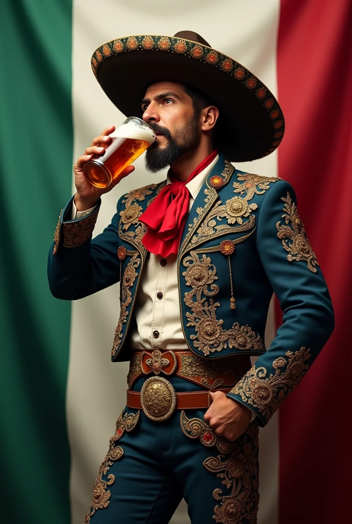 a mexican charro drinking a beer with a mexican flag 


