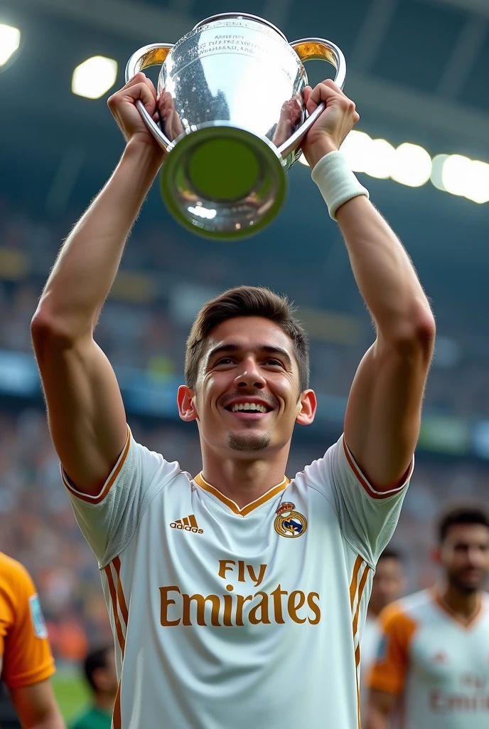 A young man holding up the Champions League trophy with a Real Madrid shirt, and with the number 17 and the name J.Matthew