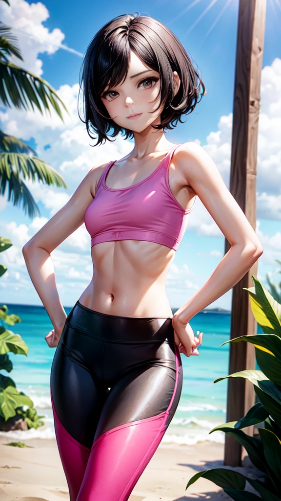 Realistic, Photorealistic,cowboy shot,masterpiece, absurdres ,1girl, haruno sakura, sweating, forehead mark, red hairband, red swimshirt, cleavage, white pants, navel, groin, bracelet, looking at viewer, smile, cherry blossoms, beach, sunset, wind, floating hair, short hair, large breast ,((wide hips)), toned body, detailed eyes, raised both armpits, sweaty armpits, armpits fold