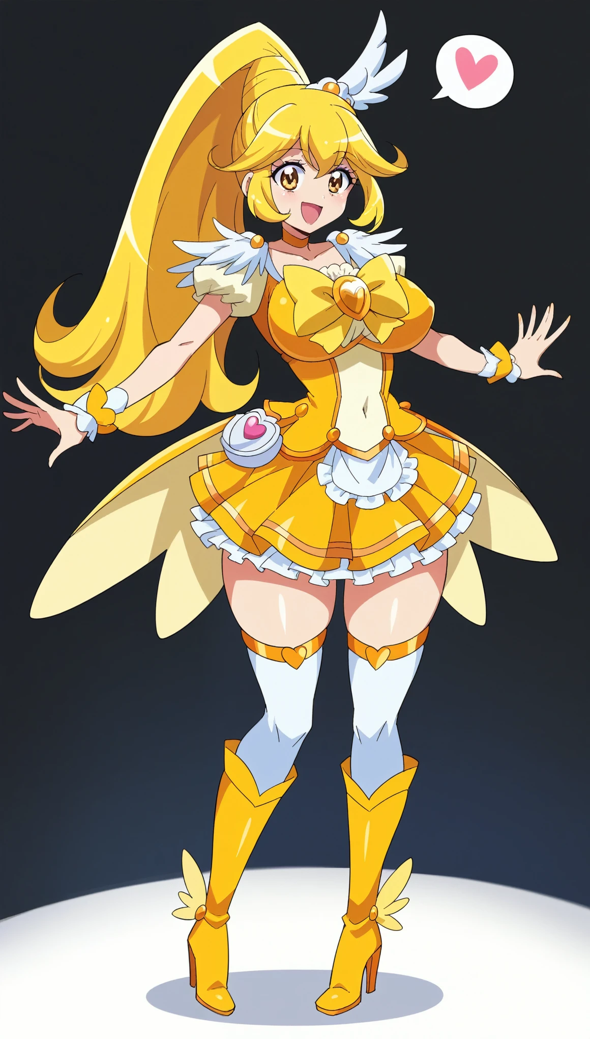 score_9, score_8_up, score_7_up, indoor, black background room,
BREAK

BREAK
1girl, curepeace, ponytail, yellow hair, elect big nipple, huge breasts, happy,  spoken heart, 
yellow magical girl, navel, wing hair ornament, cropped top, frilled wrist cuffs, friled skirt, thighhighs, , thigh boots, heels,
tall, leggy, , shiny skin, wide hips, tight waist, thick thighs,
, 



, full body,
looking_at_viewer,