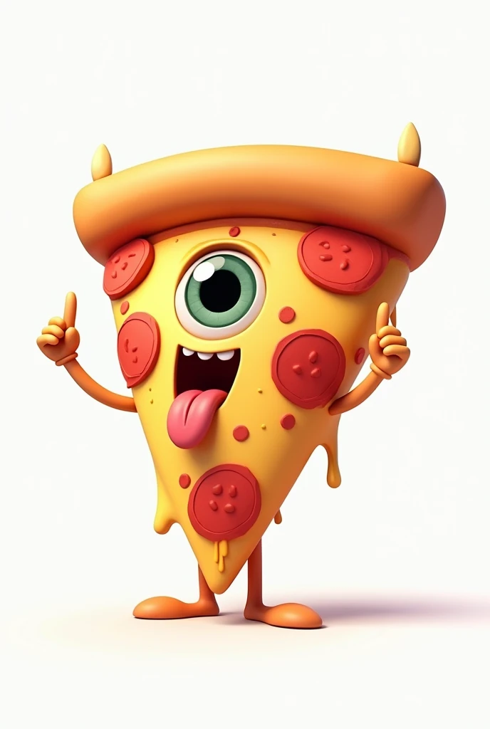 **Slice of CARTOON STYLE animated pizza that looks pretty and has a very serene appearance, WITHOUT A MOUTH OR SMILE, just one eye in the center of an inverted triangle with the main vertex pointing up, sticking out a long tongue in a rock style similar to the Rolling Stones logo, NOT CREEPY OR TERRIFYING, with melted cheese. The triangular slice resembles the Illuminati symbol, and in one hand, it is clearly making the "rock horns" or "maloik" gesture.** It looks like a cartoon, with amazing 4k quality colors, a white background, and well-cast shadows where they need to be. Let it be a pepperoni pizza that is standing, with melted cheese.